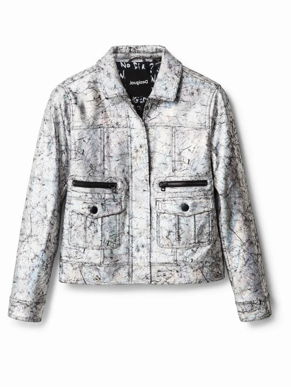 Desigual Cracked-Metal.Iridescent Silver Denim Jacket - SIZE US M / EUR L